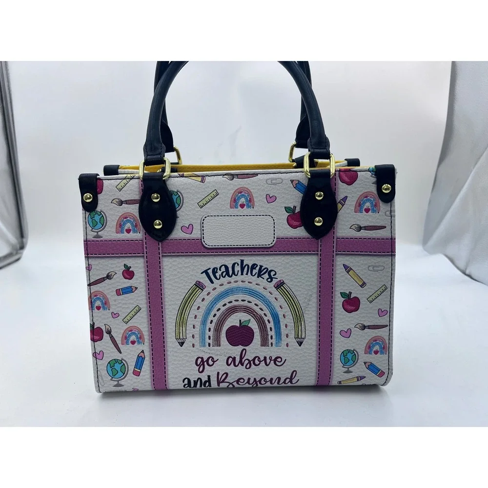 Teachers Go Above and Beyond Satchel Handbag White School Print Crossbody Bag‎